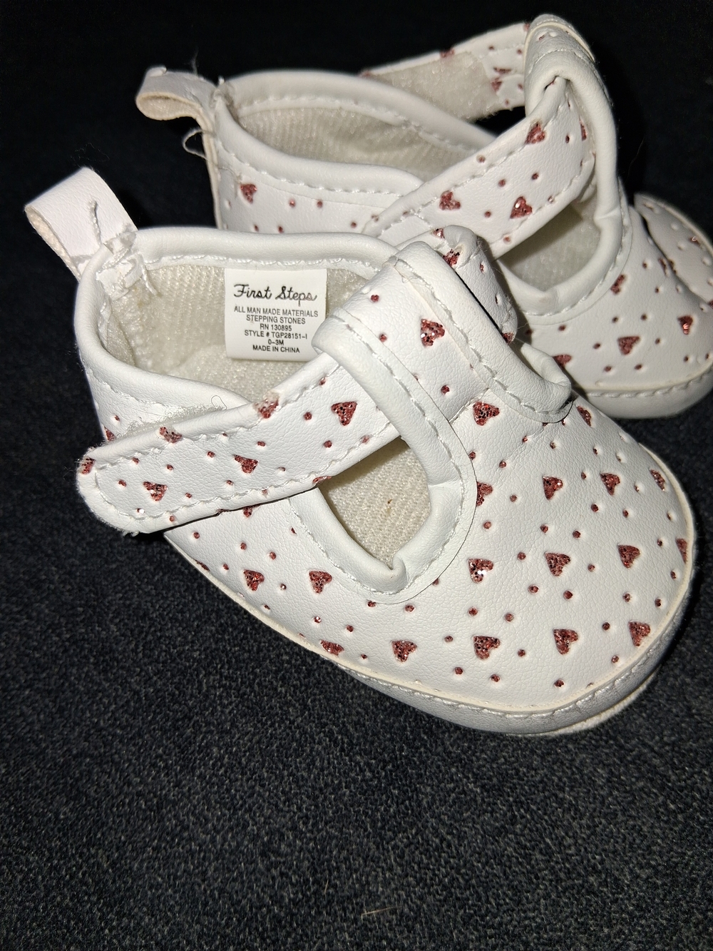 White Baby Mary Jane Shoes with Rose Gold Hearts 0-3 Months